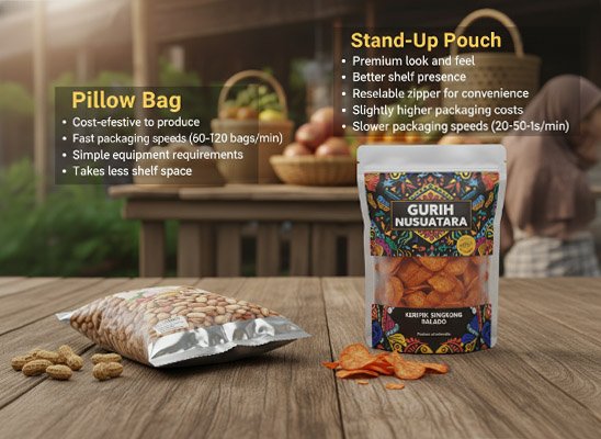 pillow bag vs stand-up pouch snack packaging Indonesia