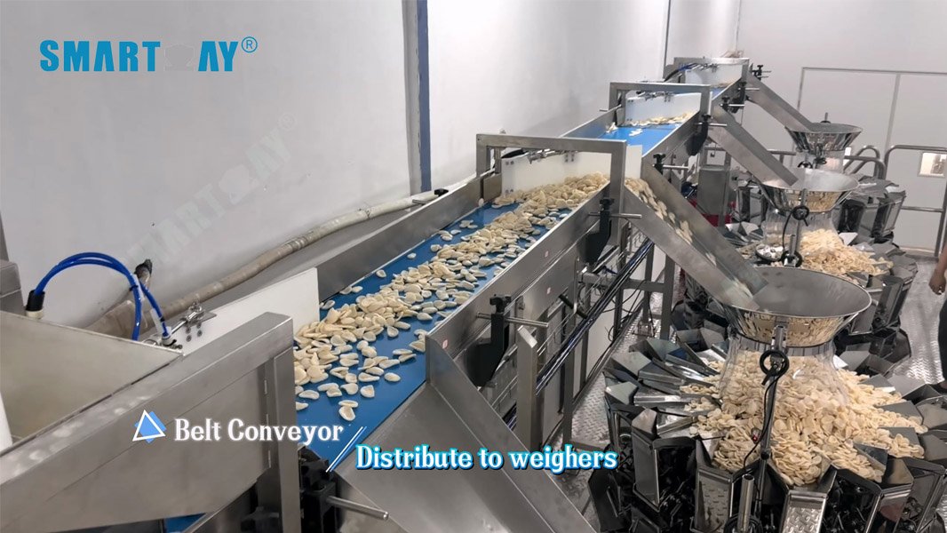belt conveyor distribute shrimp chips to weighers