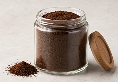 Fine coffee powder in a glass jar